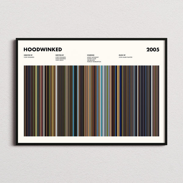 Hoodwinked Movie Barcode Poster framed and photographed straight on