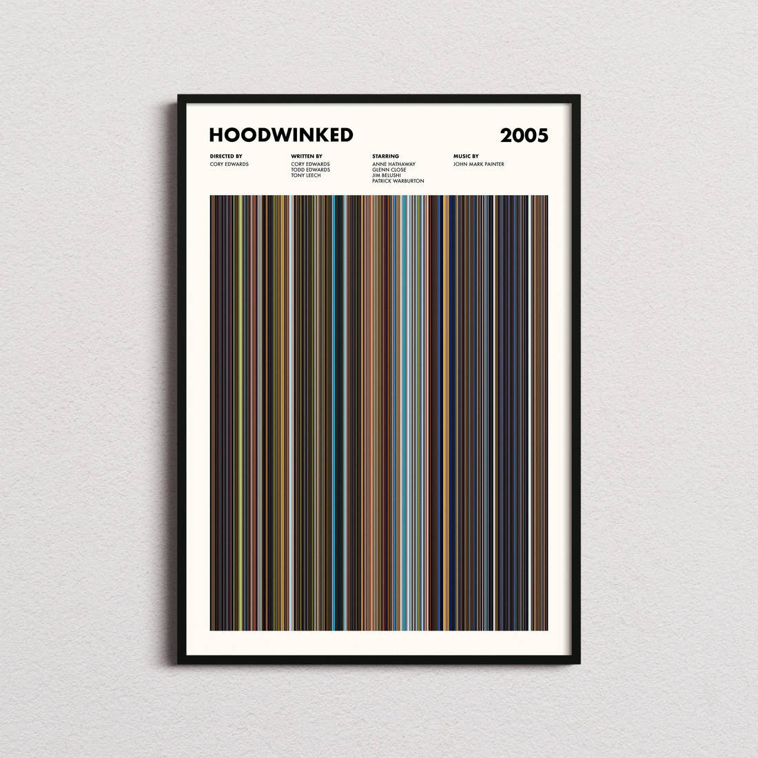 Hoodwinked Movie Barcode Poster framed on a plain studio wall