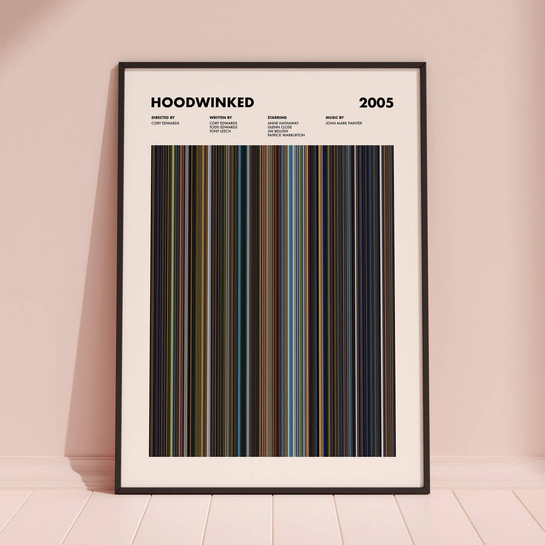 Hoodwinked Movie Barcode Poster framed and leaning against a coloured wall