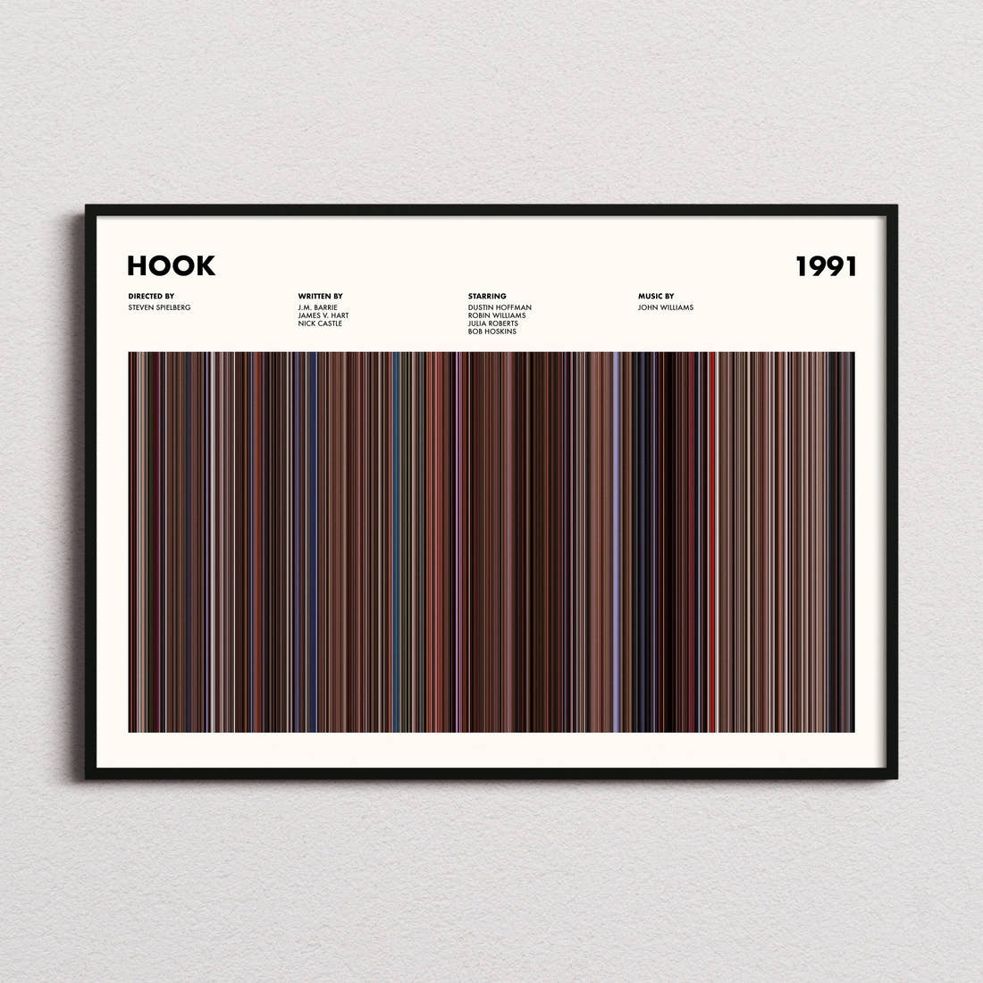 Hook Movie Barcode Poster framed and photographed straight on