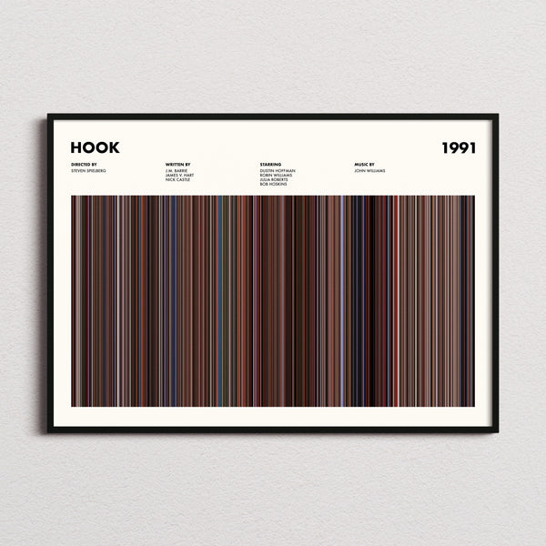 Hook Movie Barcode Poster framed and photographed straight on
