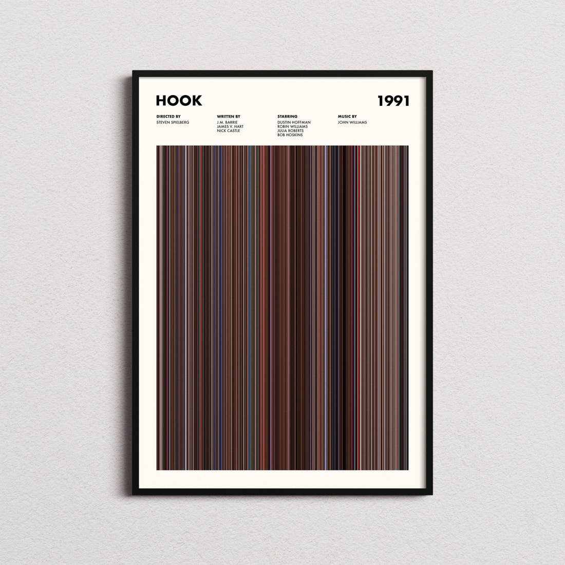 Hook Movie Barcode Poster framed on a plain studio wall