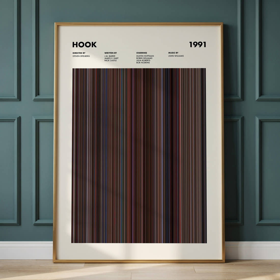 Hook Movie Barcode Poster framed and leaning against a panelled wall