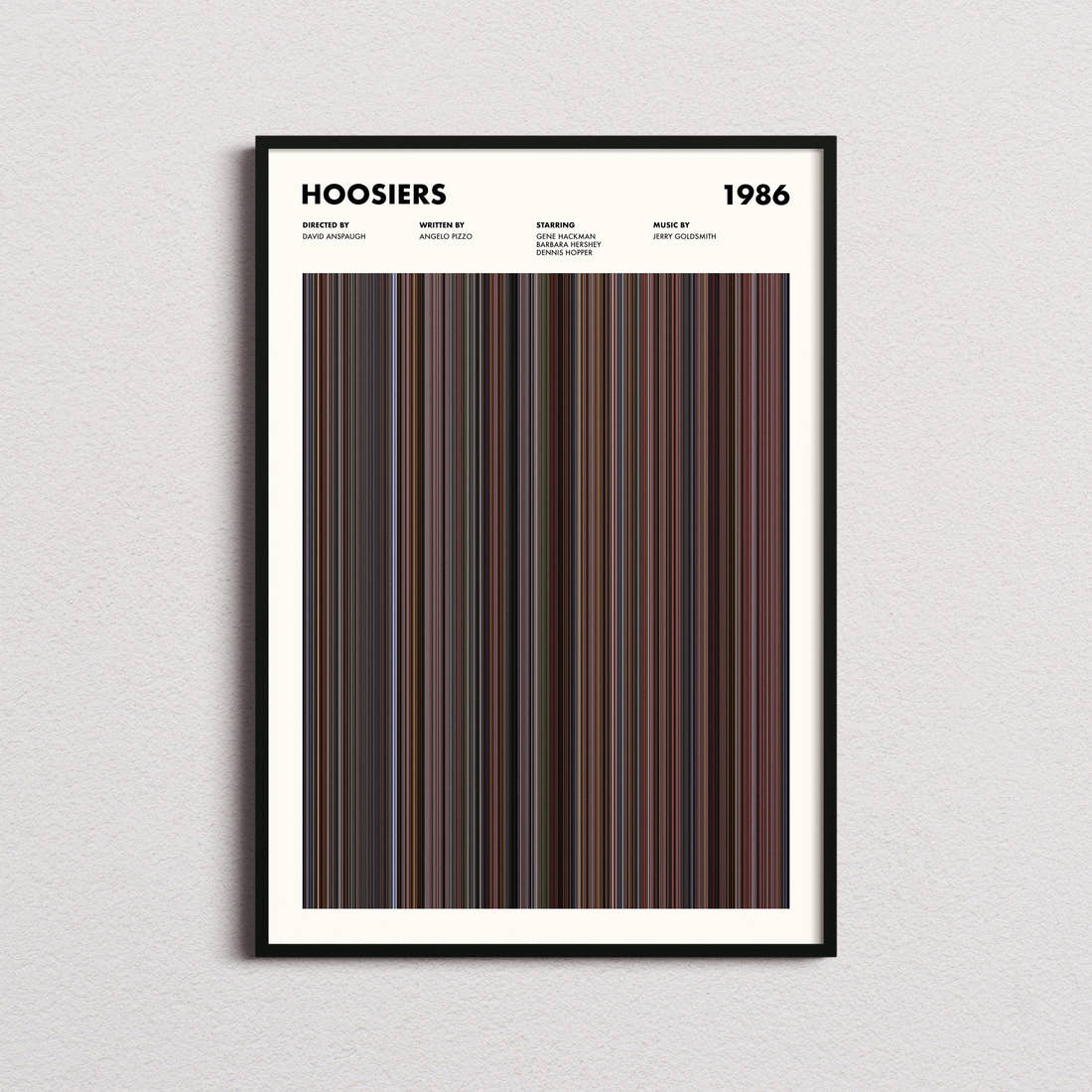 Hoosiers Movie Barcode Poster framed on a plain studio wall