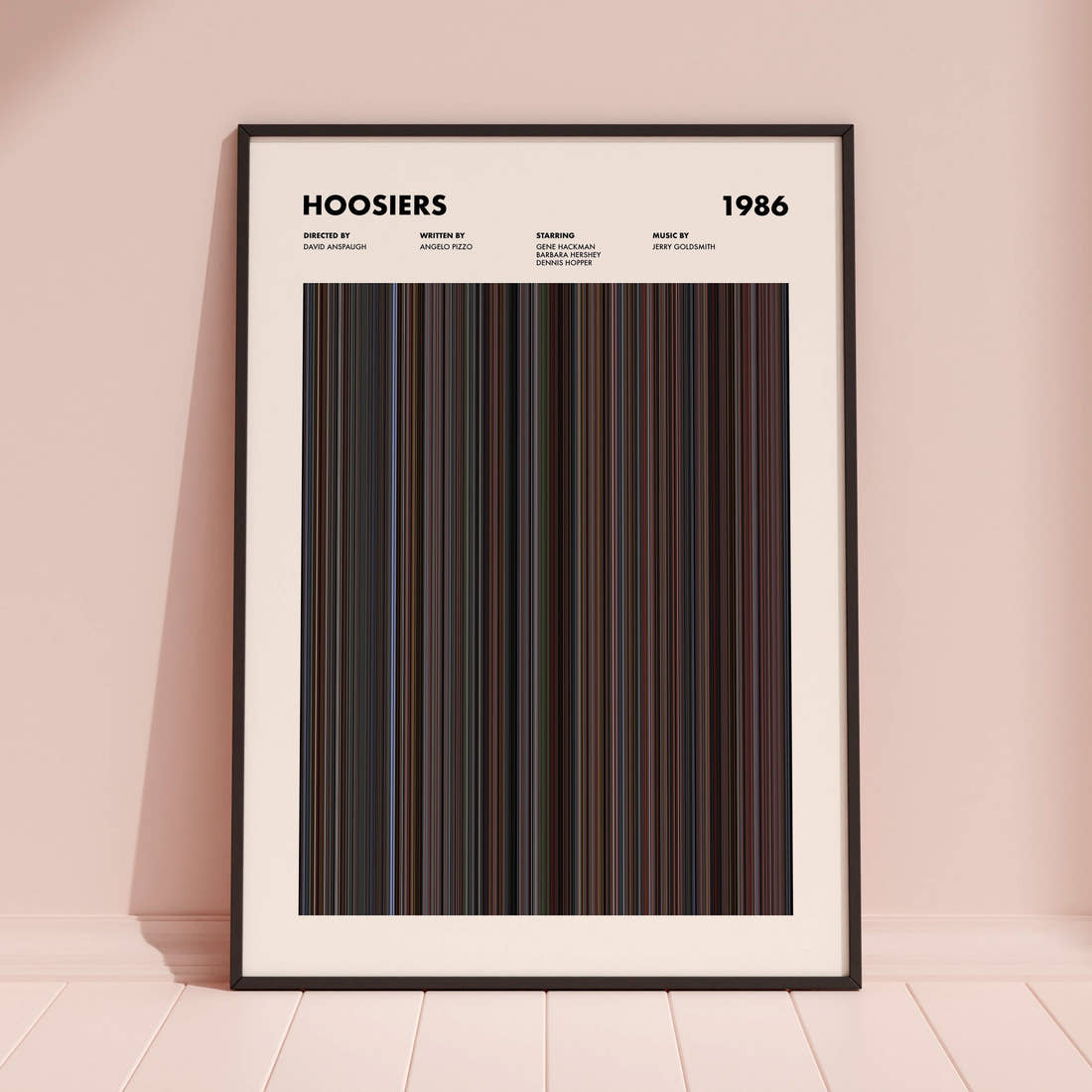 Hoosiers Movie Barcode Poster framed and leaning against a coloured wall
