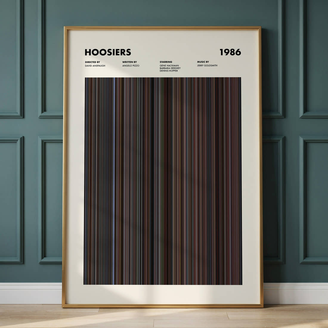 Hoosiers Movie Barcode Poster framed and leaning against a panelled wall