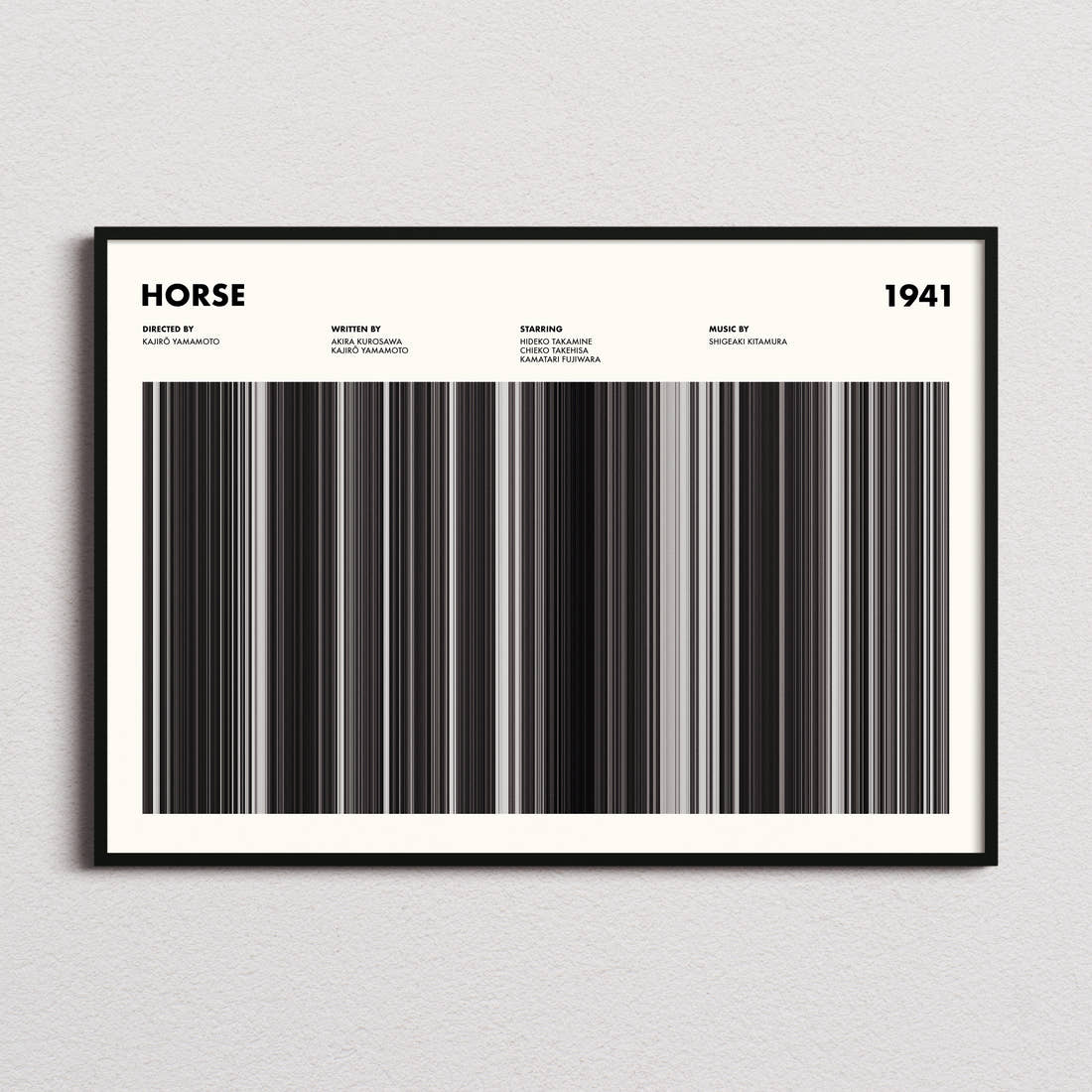 Horse Movie Barcode Poster framed and photographed straight on