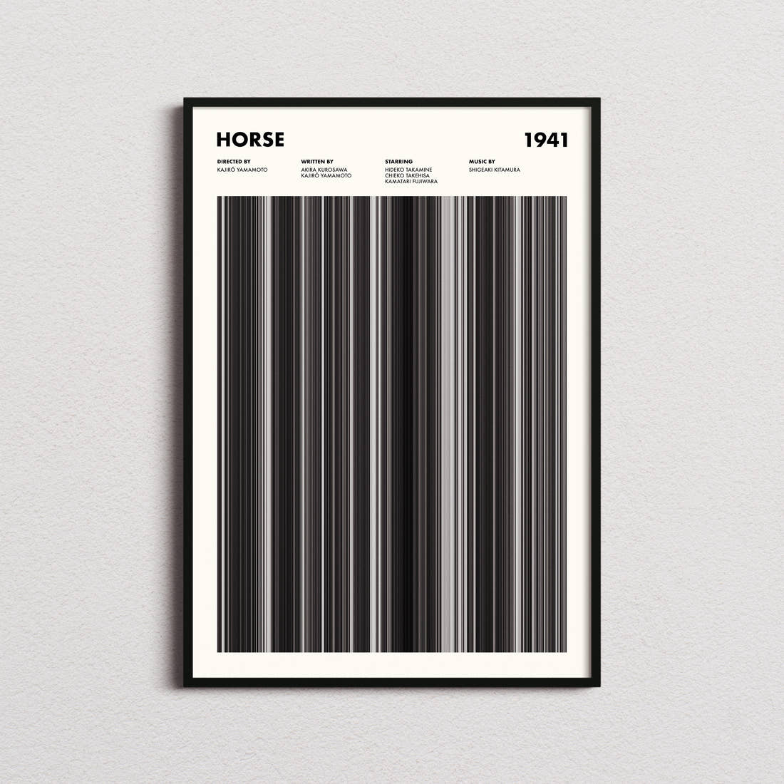 Horse Movie Barcode Poster framed on a plain studio wall