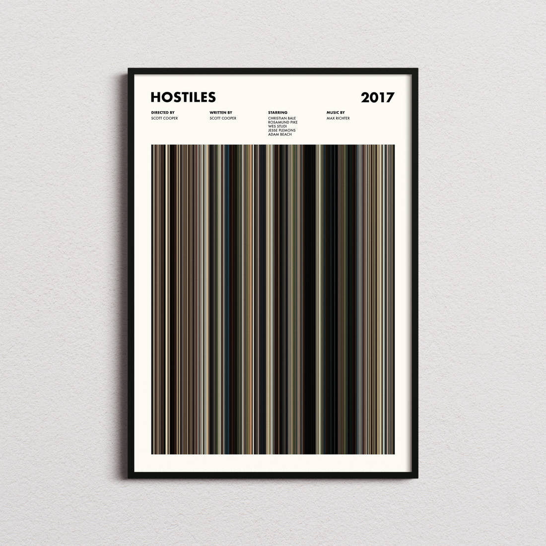 Hostiles Movie Barcode Poster framed on a plain studio wall