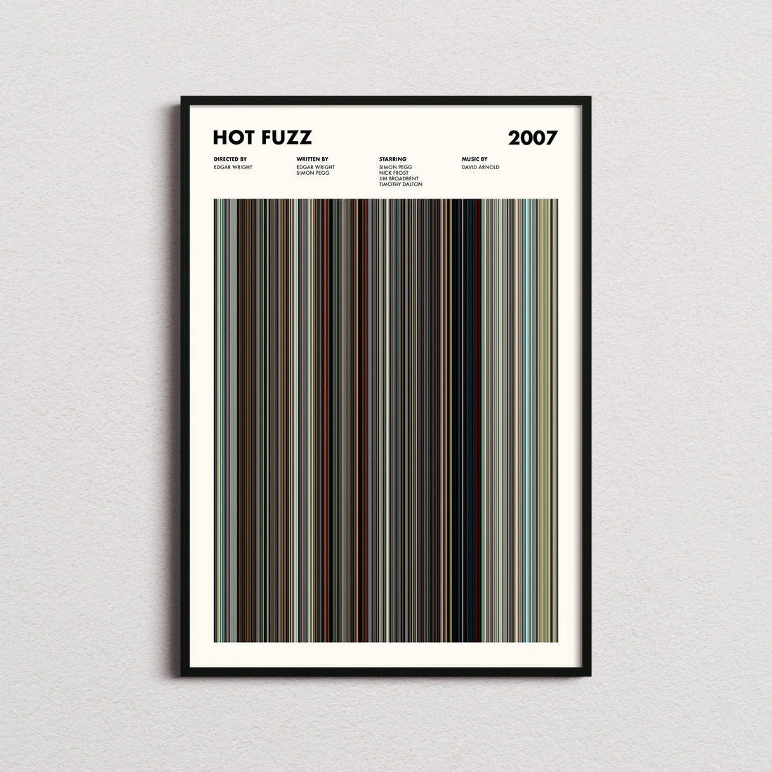 Hot Fuzz Movie Barcode Poster framed on a plain studio wall