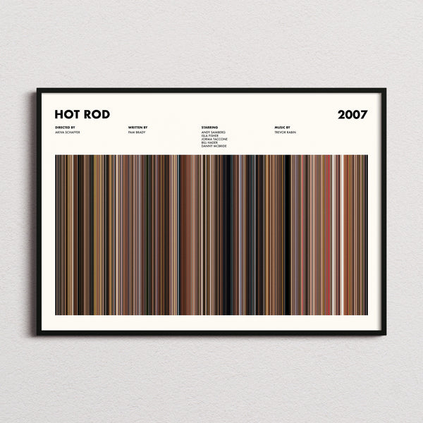 Hot Rod Movie Barcode Poster framed and photographed straight on