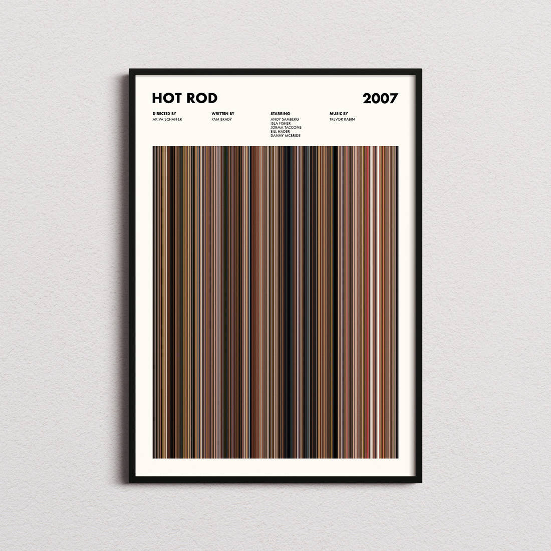 Hot Rod Movie Barcode Poster framed on a plain studio wall