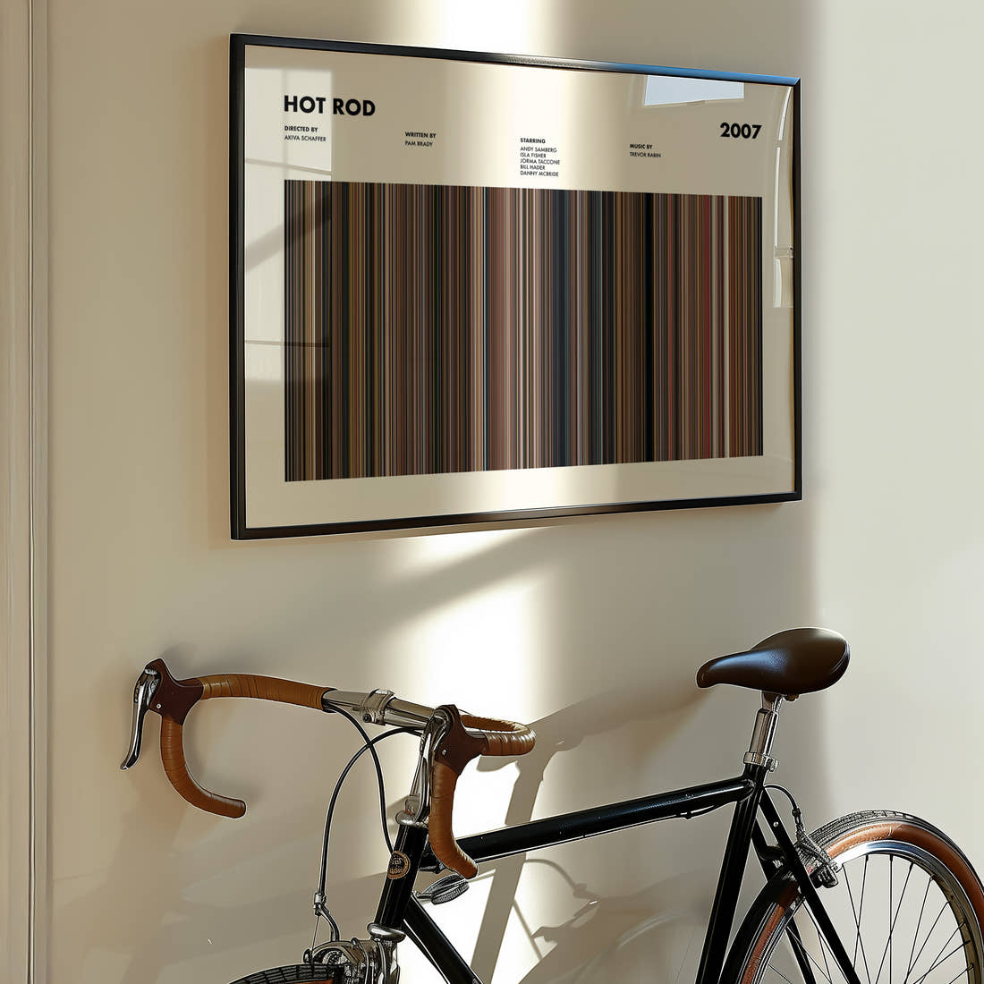 Hot Rod Movie Barcode Poster framed on the wall of a styled room setting