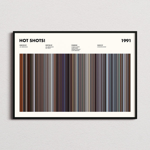 Hot Shots Movie Barcode Poster framed and photographed straight on