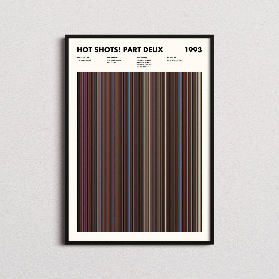 Hot Shots Part Deux Movie Barcode Poster framed on a plain studio wall