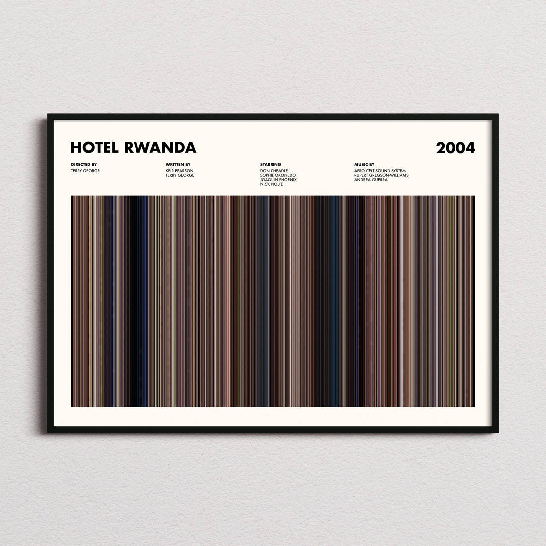 Hotel Rwanda Movie Barcode Poster framed and photographed straight on