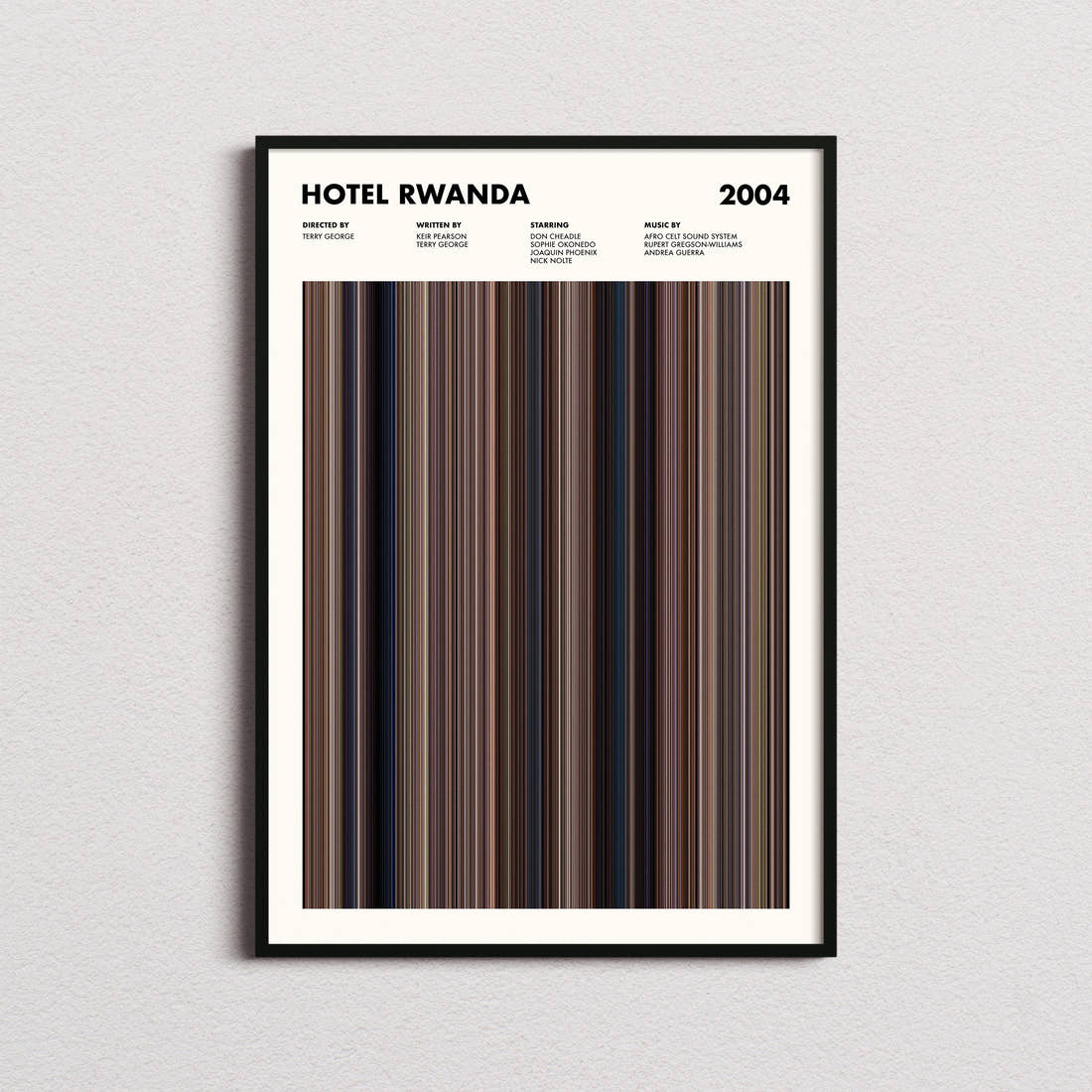 Hotel Rwanda Movie Barcode Poster framed on a plain studio wall