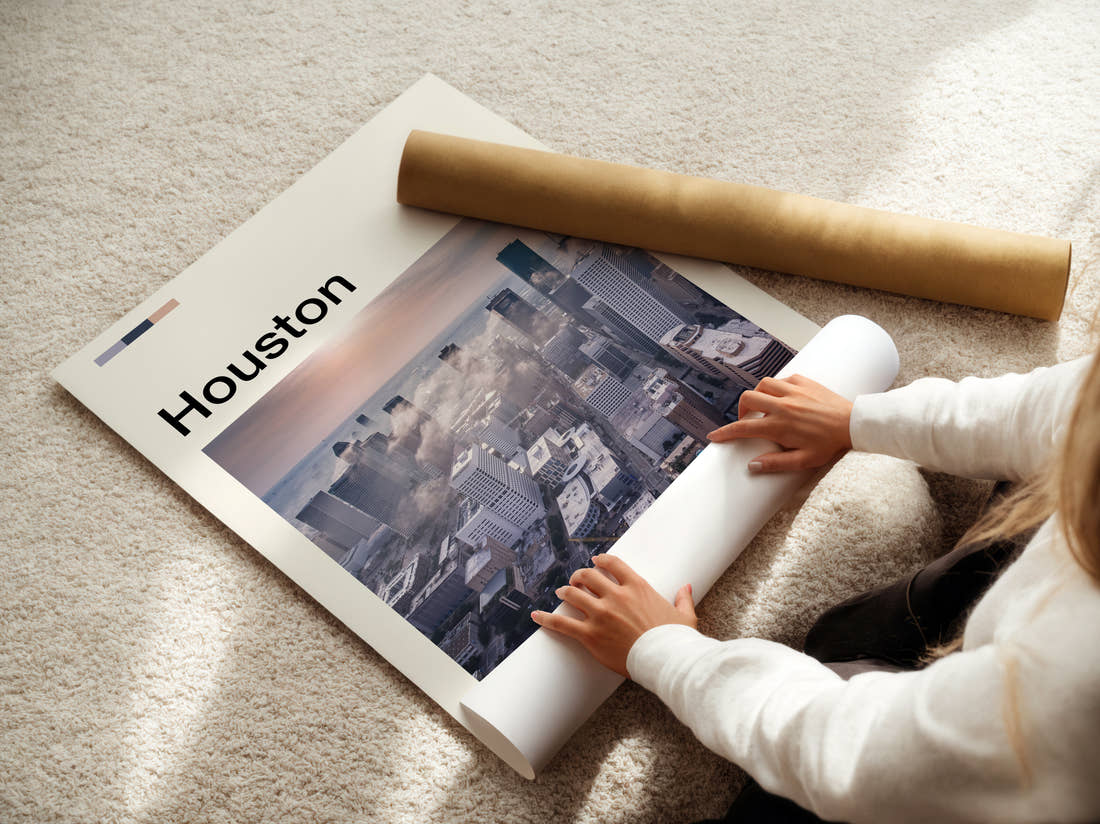 Houston Misty Skyline Travel Print being unrolled from its postal tube