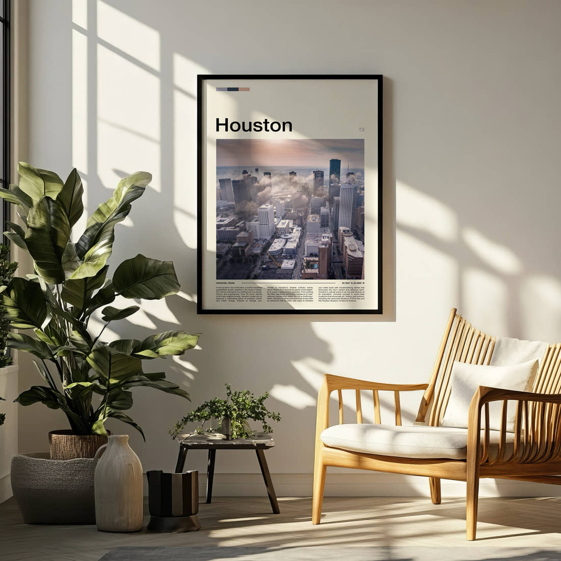 Houston Misty Skyline Travel Print framed on a pale wall beside houseplants