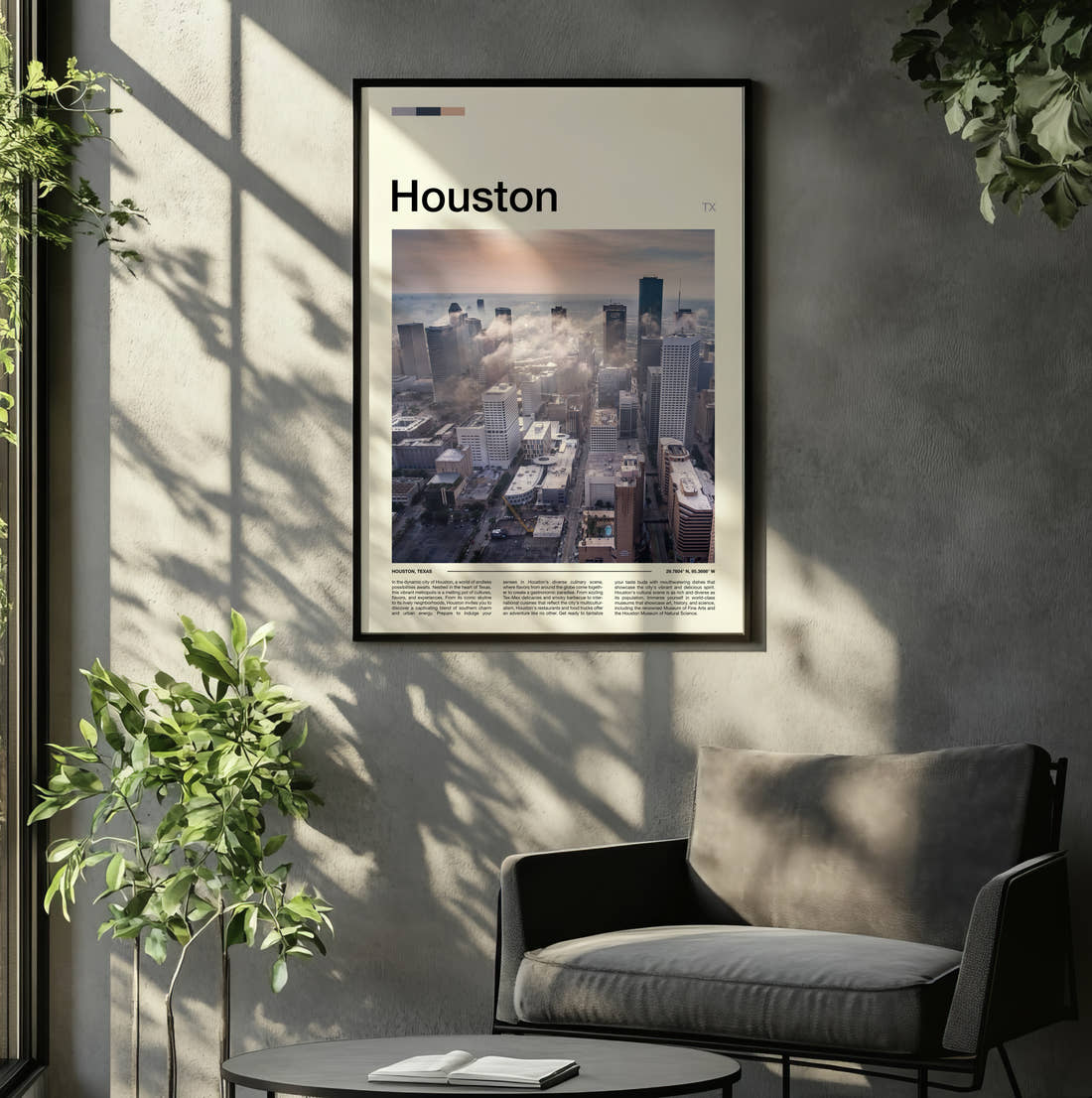 Houston Misty Skyline Travel Print framed on the wall of a relaxed living room