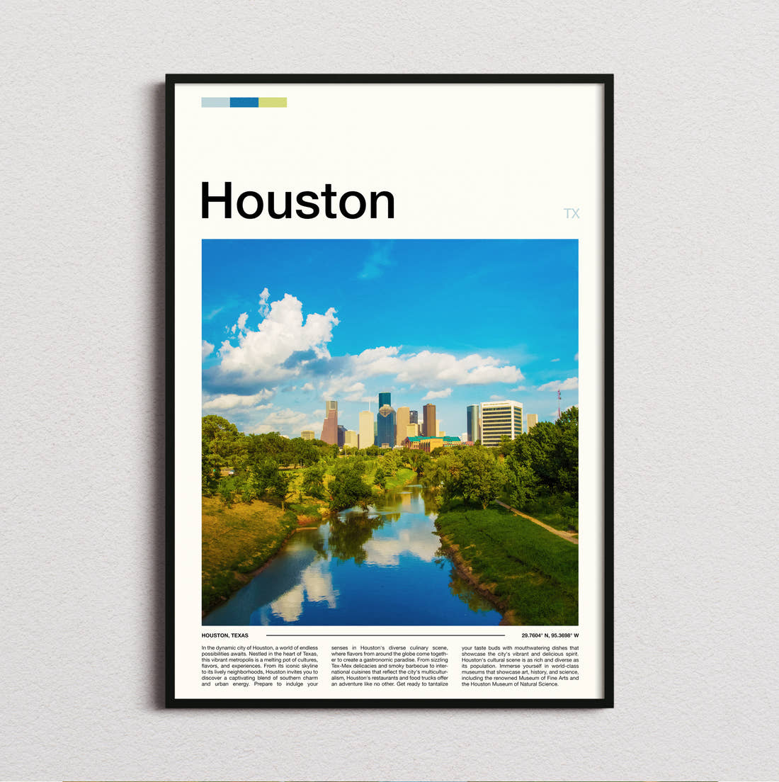 Houston Buffalo Bayou Travel Print framed and photographed straight on