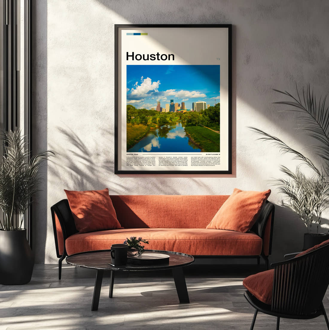 Houston Buffalo Bayou Travel Print framed on the wall of a modern living room