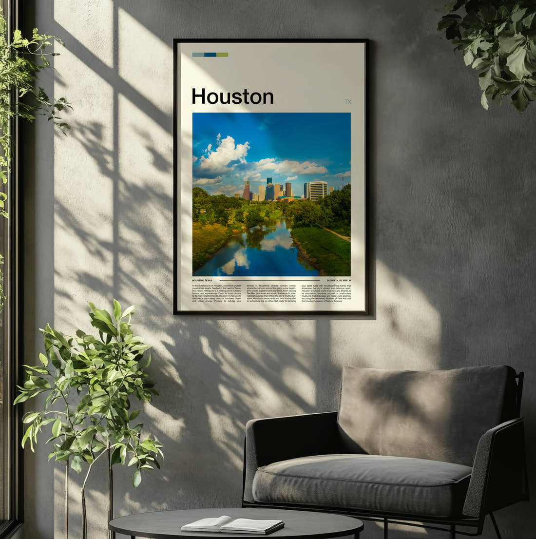 Houston Buffalo Bayou Travel Print framed on the wall of a relaxed living room