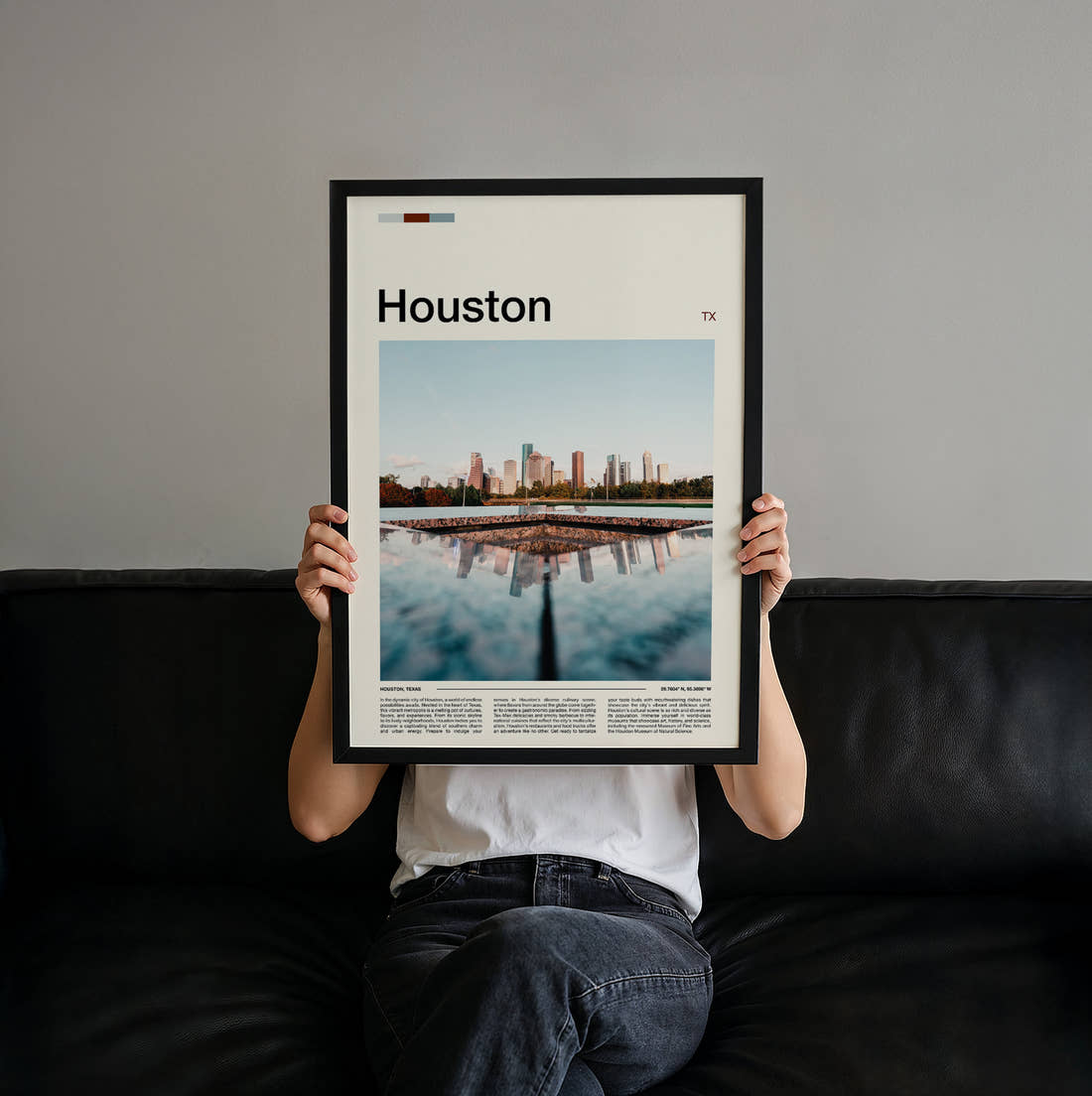 Houston Skyline Reflection Travel Print held up by hand to show the size of the print