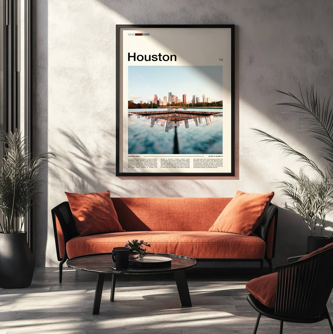 Houston Skyline Reflection Travel Print framed on the wall of a modern living room