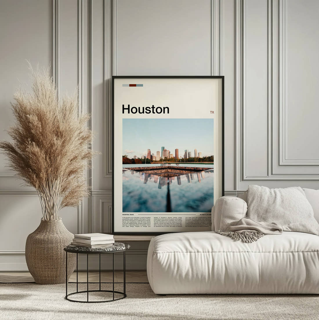 Houston Skyline Reflection Travel Print framed on the wall of a calm, neutral bedroom