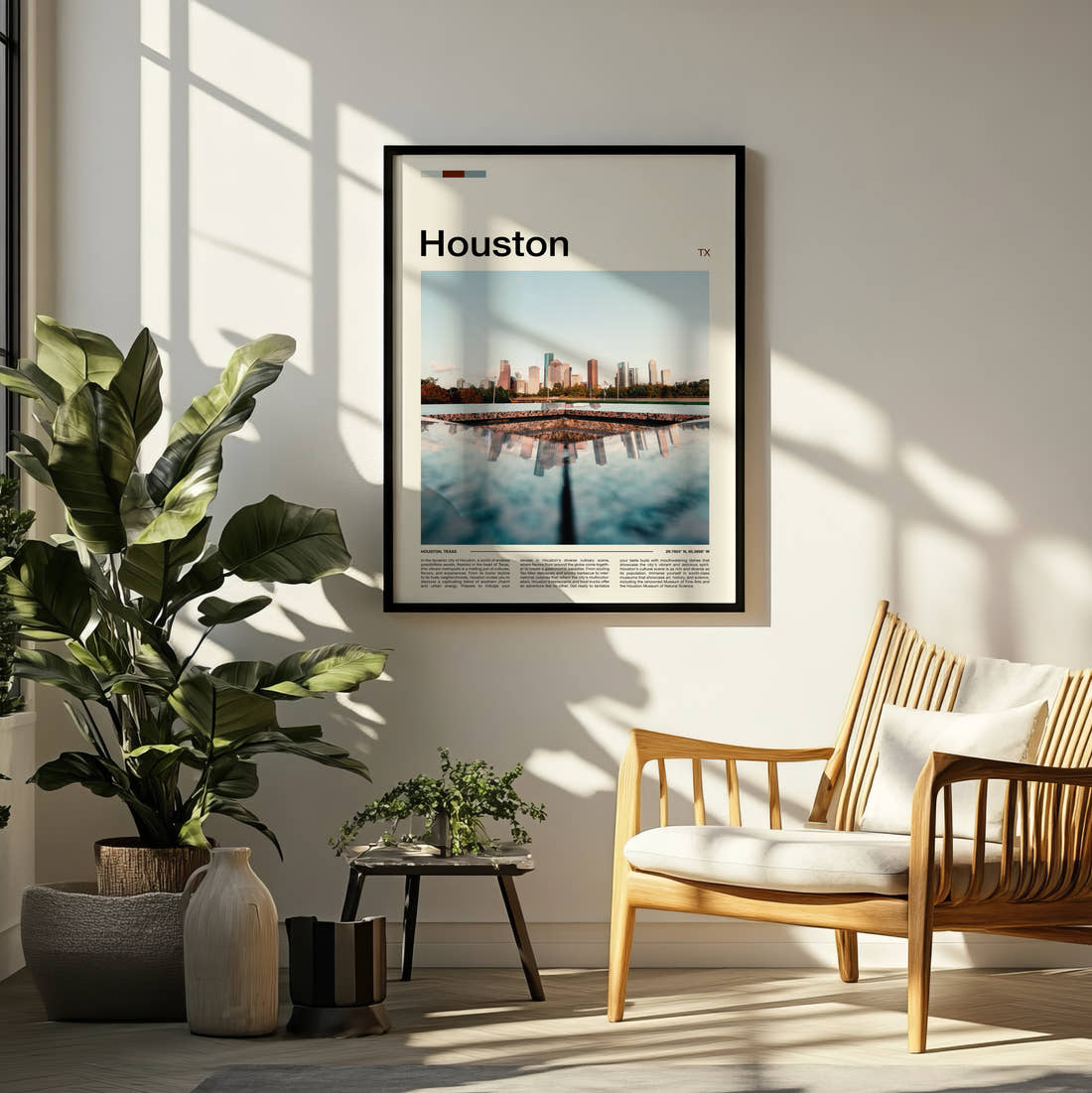 Houston Skyline Reflection Travel Print framed on a pale wall beside houseplants