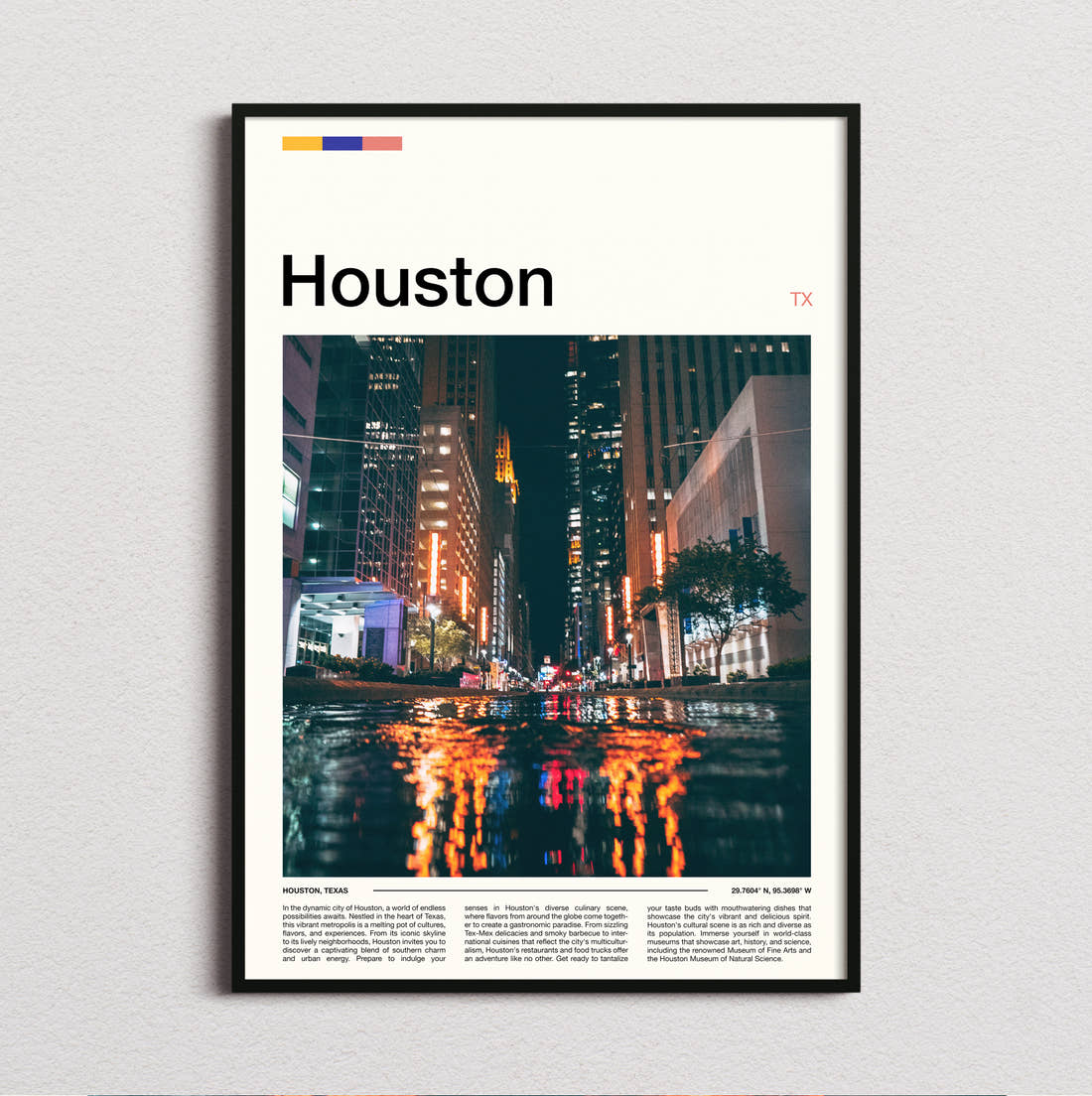 Houston Wet Street At Night Travel Print framed and photographed straight on