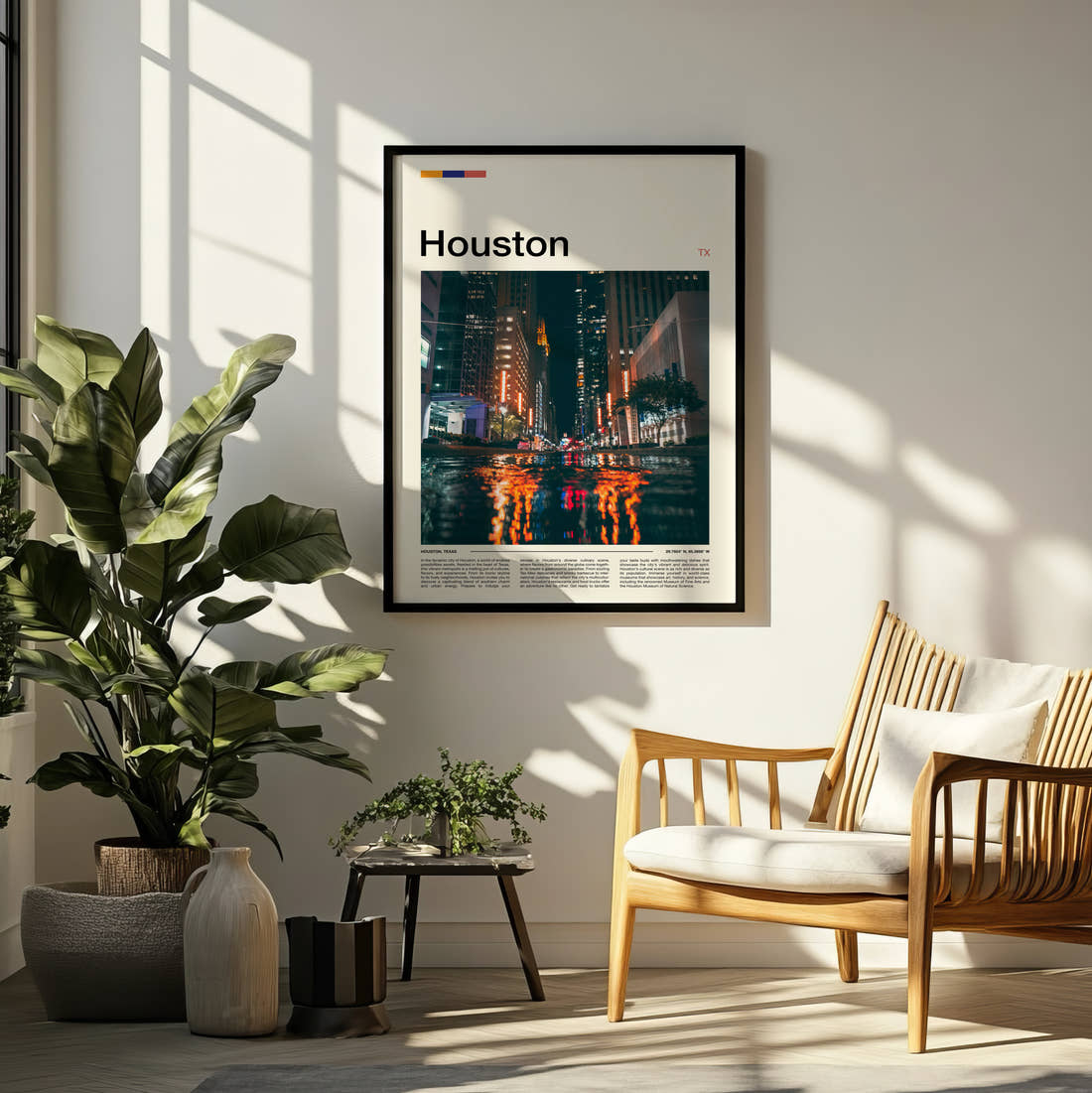 Houston Wet Street At Night Travel Print framed on a pale wall beside houseplants