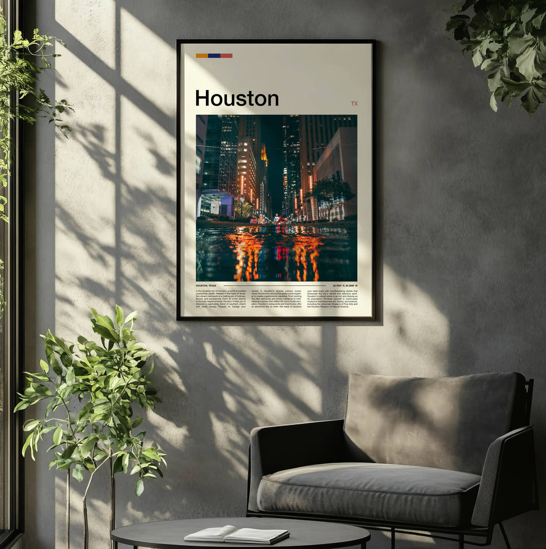 Houston Wet Street At Night Travel Print framed on the wall of a relaxed living room