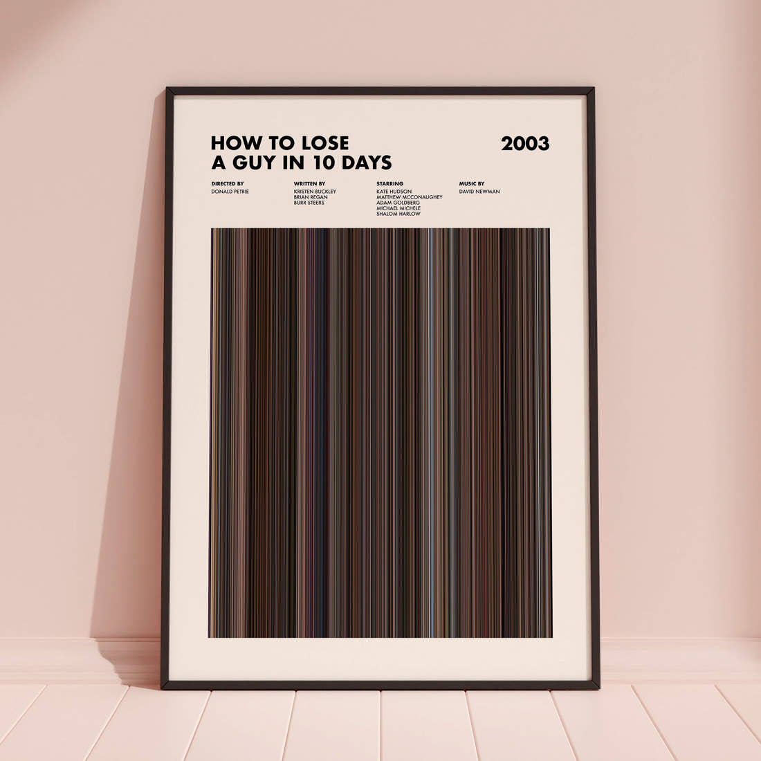How to Lose a Guy in 10 Days Movie Barcode Poster framed and leaning against a coloured wall
