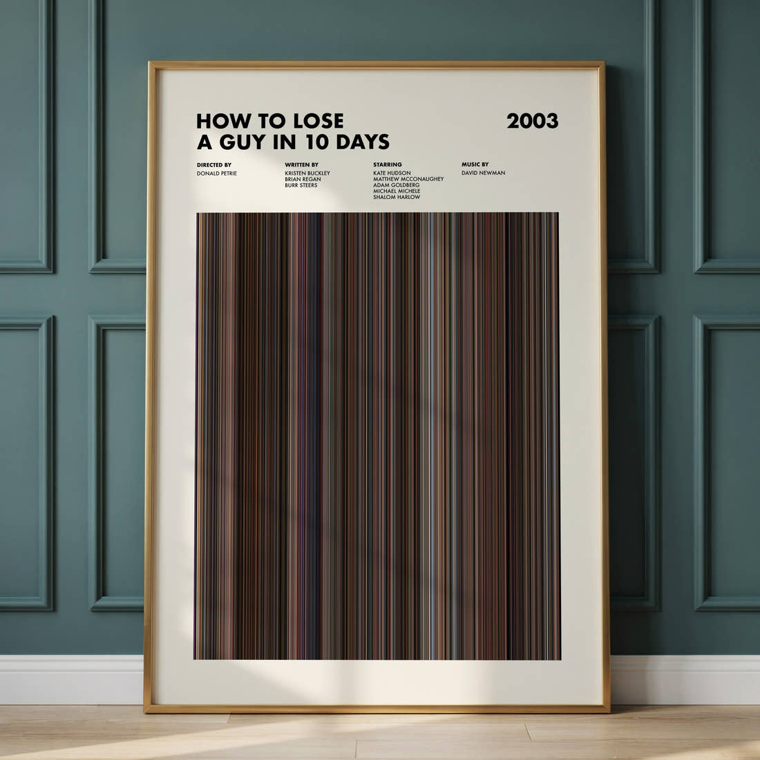 How to Lose a Guy in 10 Days Movie Barcode Poster framed and leaning against a panelled wall