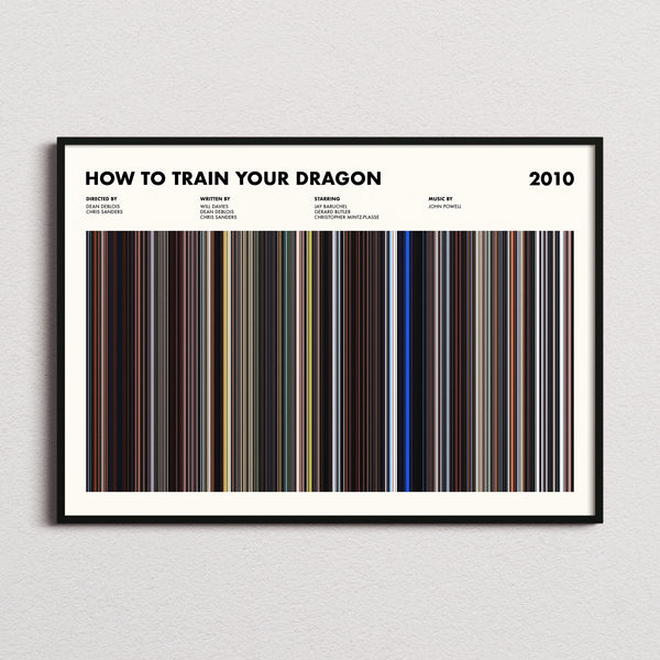 How To Train Your Dragon Movie Barcode Poster framed and photographed straight on