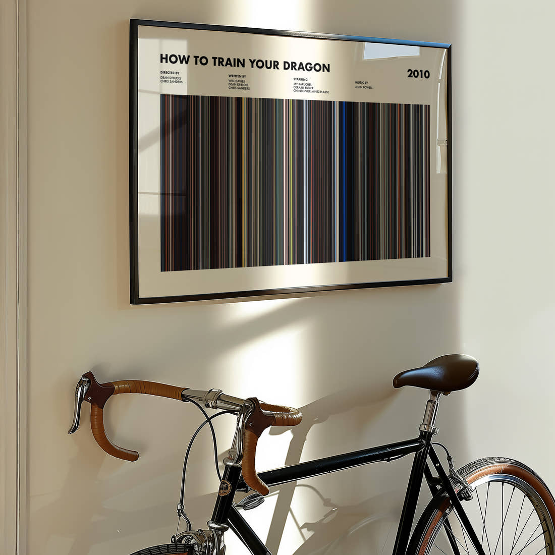 How To Train Your Dragon Movie Barcode Poster framed on the wall of a styled room setting