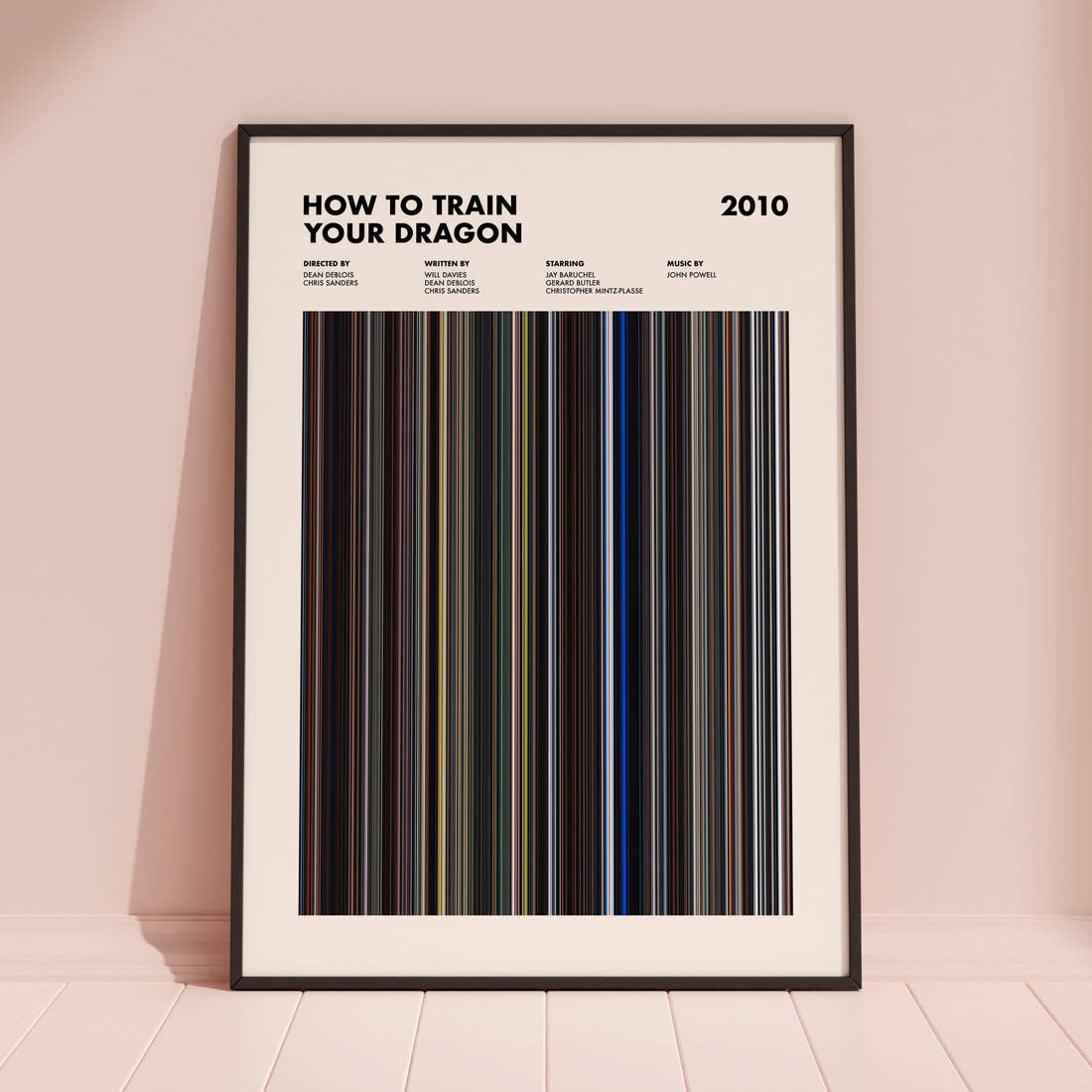 How To Train Your Dragon Movie Barcode Poster framed and leaning against a coloured wall