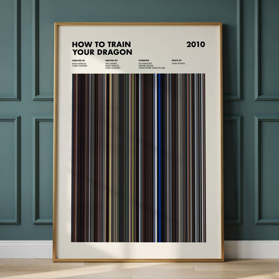 How To Train Your Dragon Movie Barcode Poster framed and leaning against a panelled wall