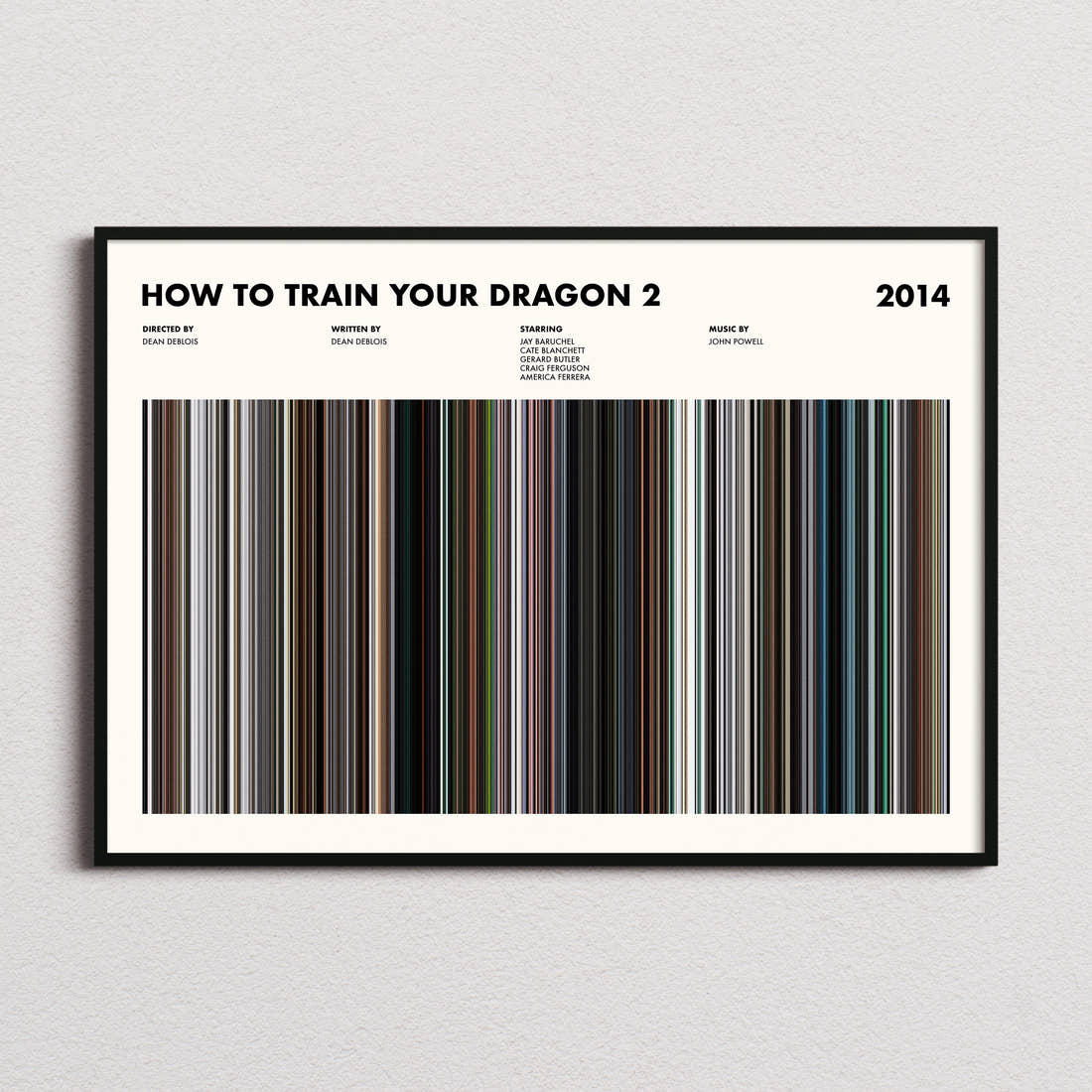 How To Train Your Dragon 2 Movie Barcode Poster framed and photographed straight on
