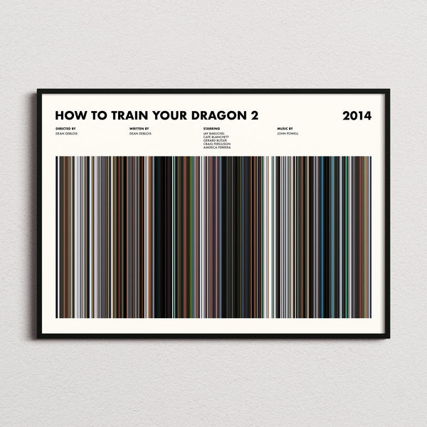 How To Train Your Dragon 2 Movie Barcode Poster framed and photographed straight on