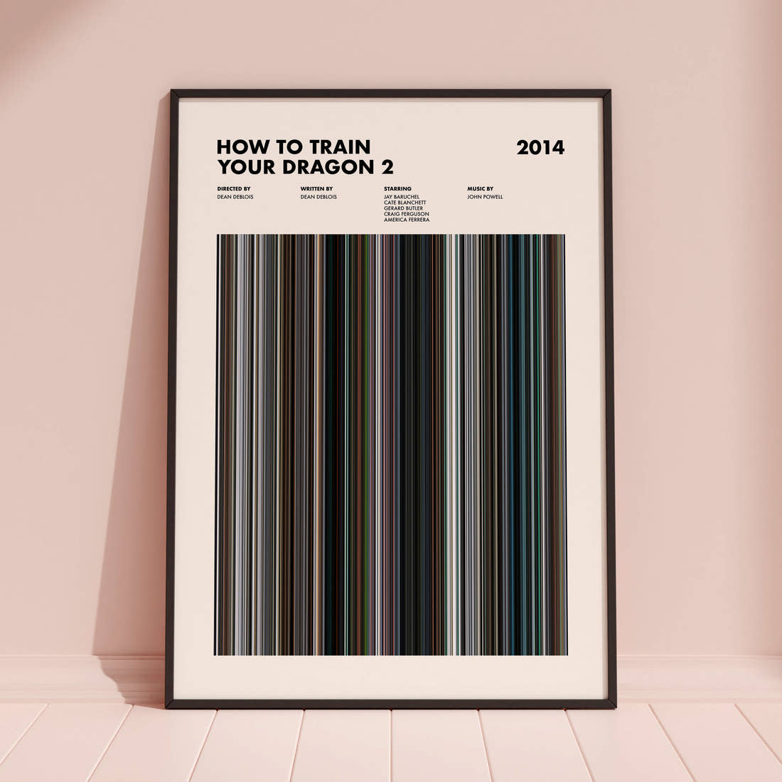 How To Train Your Dragon 2 Movie Barcode Poster framed and leaning against a coloured wall