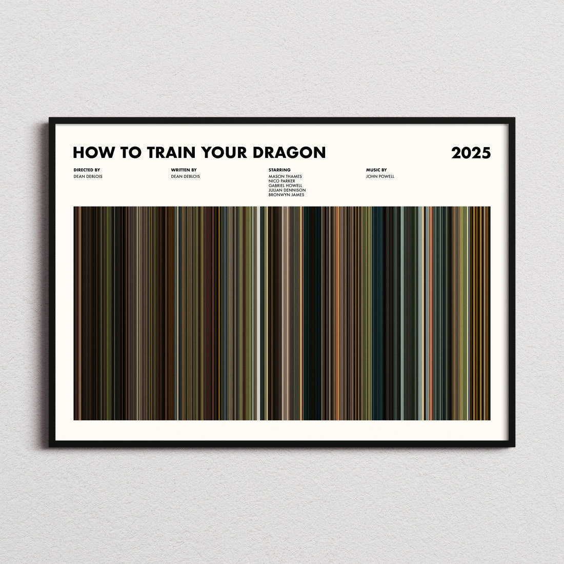 How to Train Your Dragon (2025) Movie Barcode Poster framed and photographed straight on