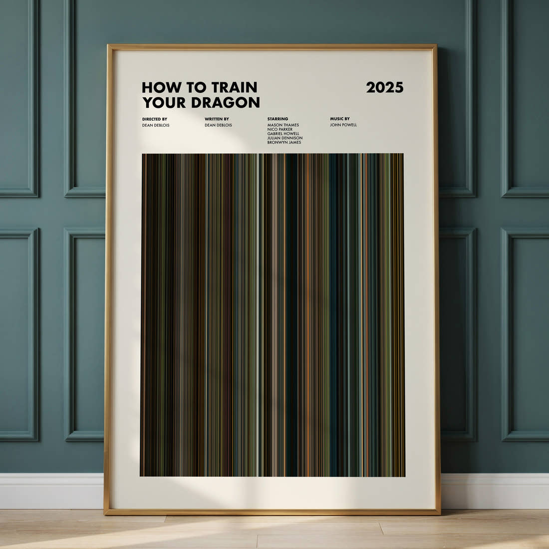 How to Train Your Dragon (2025) Movie Barcode Poster framed and leaning against a panelled wall