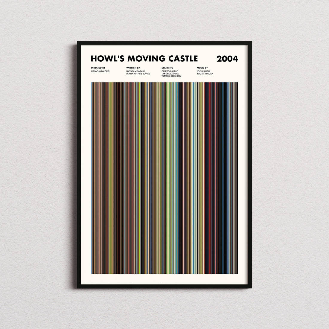 Howl's Moving Castle Movie Barcode Poster framed on a plain studio wall