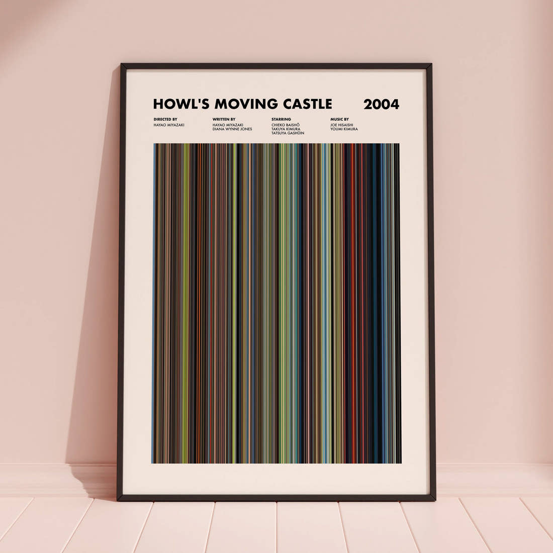 Howl's Moving Castle Movie Barcode Poster framed and leaning against a coloured wall