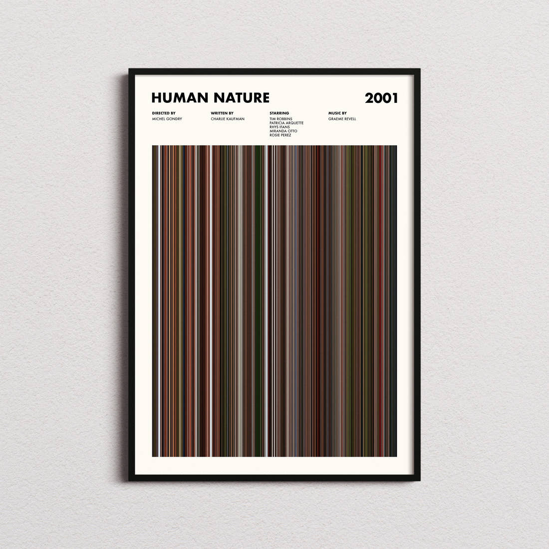 Human Nature Movie Barcode Poster framed on a plain studio wall