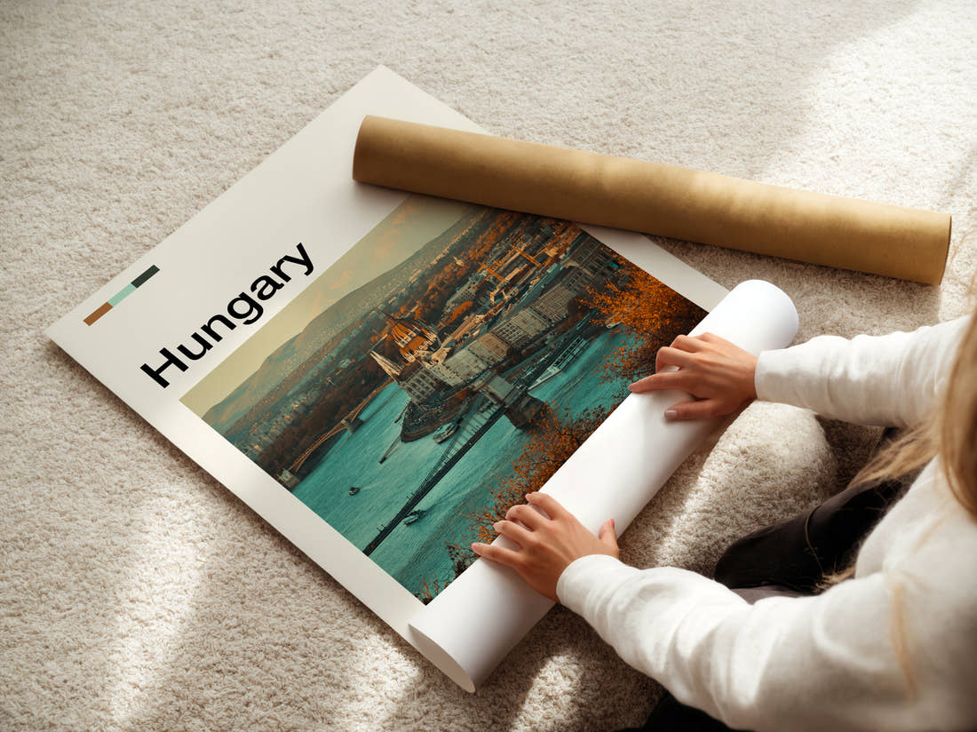 Hungary Parliament And Chain Bridge Travel Print being unrolled from its postal tube
