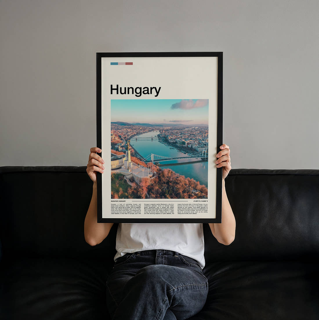 Hungary Danube From Above Travel Print held up by hand to show the size of the print